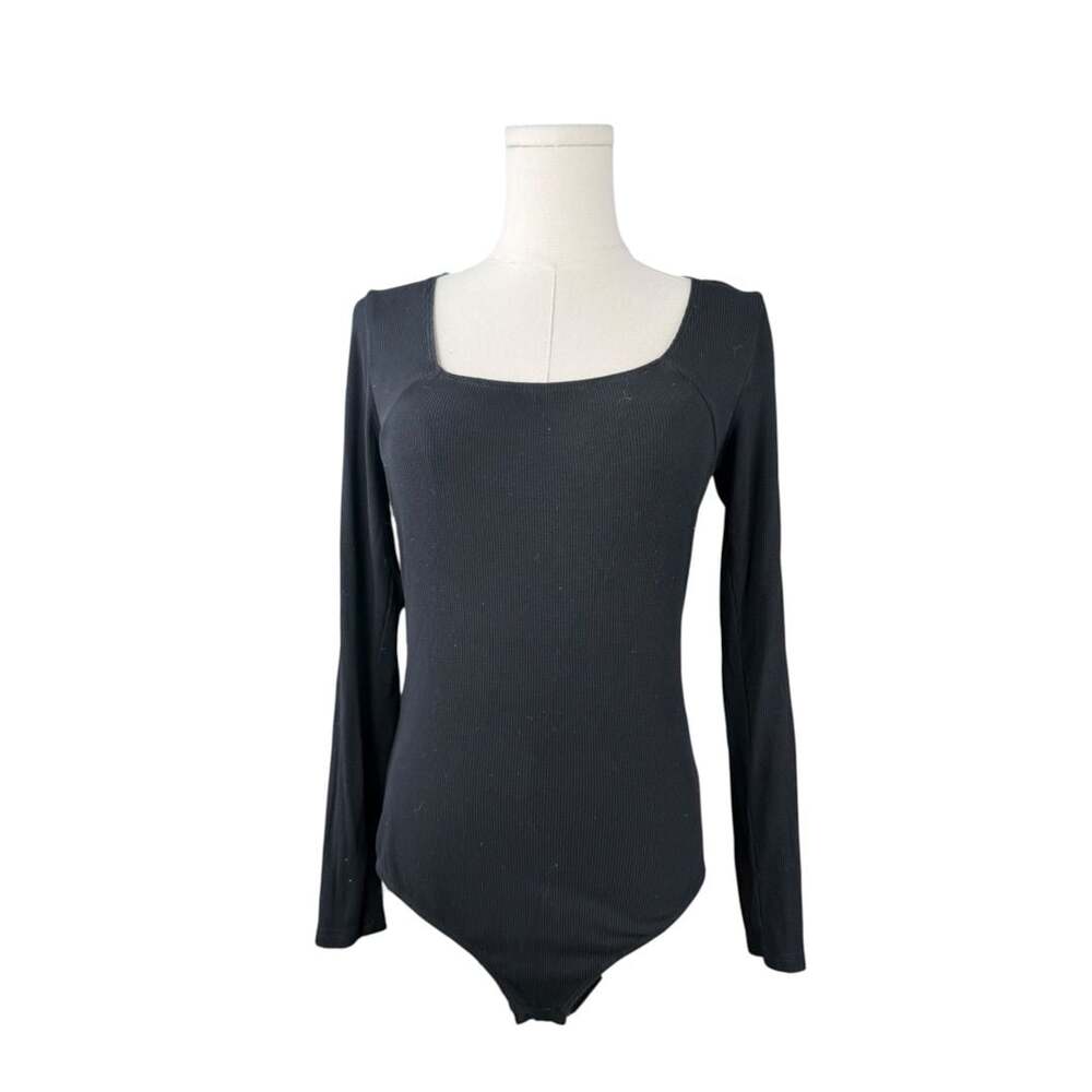 Kaileigh Black Ribbed Square Neck Long Sleeve Bodysuit Sz. S